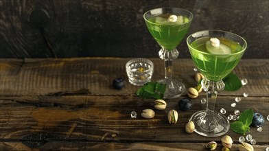 Two green cocktails garnished with mint leaves and pistachios on a wooden table, AI generated