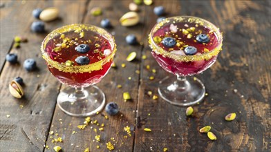 Two berry cocktails with sugar-rimmed glasses, pistachios, and blueberries on a wooden table, AI