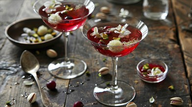 Two red cocktails served on a wooden table decorated with cherries and flowers, AI generated