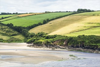 Fields and Farms over Mothecombe Beach, Mothecombe, River Emme and Red Cove, Plymouth, South Devon,