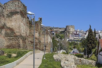 Footpath along the Byzantine city wall up to the historical Fortress of Thessaloniki in Macedonia,