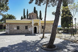 Vlatades Monastery, entrance of the historic Byzantine temple in the upper town of Thessaloniki,