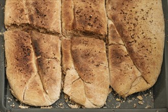 Freshly baked bread from wheat and whole meal flour with yeast on a baking tray, high angel view