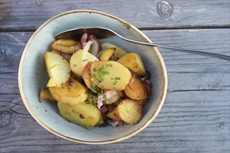 Fried potatoes with onions, bacon and chive garnish in a ceramic bowl on a blue gray wooden table,