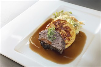 Roast deer, flat bread dumpling and round shaped cabbage vegetable with brown sauce and thyme