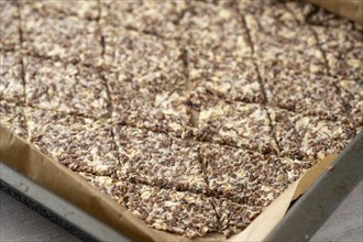 Baking tray with dough from linseed, oat flakes and cheese, cut into rhombs to make healthy crispy