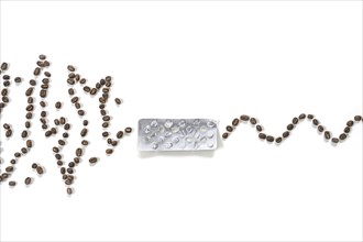 Chaotic curve of coffee beans changes to a gentle wave after passing a pill pack of sedatives or