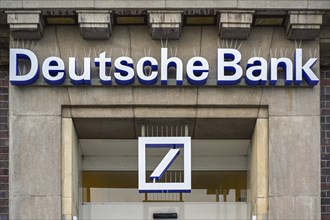 Lubeck Travemunde, Germany, January 15, 2023: Portal of Deutsche Bank (meaning German Bank) with