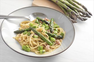 Spaghetti with green asparagus, bacon and egg as carbonara sauce variation on a gray plate and on a