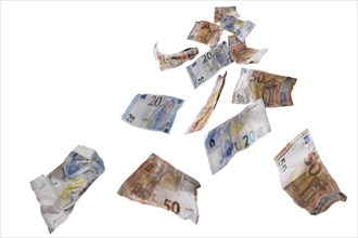 Fifty and twenty paper banknotes in euro currency flying down, money concept for lucky finance,