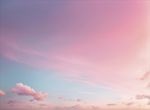 A serene sky at sunset with a gradient of pink and purple hues and a few scattered clouds, AI