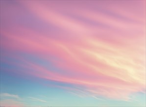 Calm pastel sky with soft pink and blue gradient clouds, AI generated