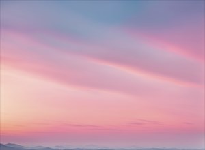 Serene gradient sky with pastel pink and blue colors above distant mountains, AI generated