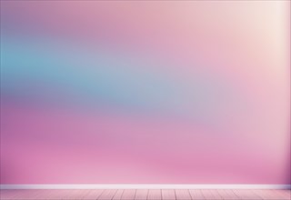 Abstract image resembling a pink and blue gradient wall with wooden floor, creating a pastel