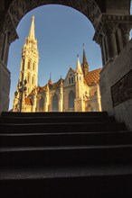 Old historic fortress and church at sunrise. City panorama at dusk. View of the Danube Fishermen's