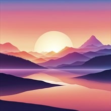 Sunset reflecting on a calm lake with surrounding mountains in shades of purple and orange, AI