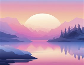 Sunset over a lake reflecting mountains and a forest in hues of pink, purple, and blue, AI