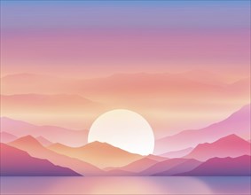 Sunrise over a tranquil lake with mountains in a soft gradient of pink and orange, AI generated