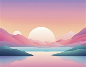 Sunrise with a serene lake and pastel-hued mountains in the distance, AI generated