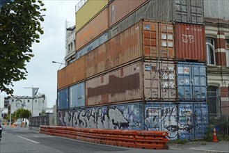 CHRISTCHURCH, NEW ZEALAND, FEBRUARY 24, 2022: Shipping containers continue to stabilise a damaged