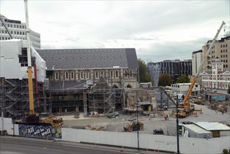 CHRISTCHURCH, NEW ZEALAND, FEBRUARY 24, 2022: A team of tradesmen work on the Anglican Cathedral