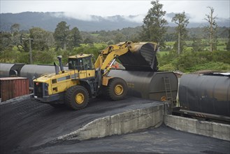 A payloader fills train wagons with coal at a railway siding