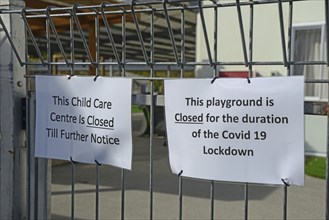 Signage shows that a preschool playground is closed for the Covid 19 lockdown in New Zealand, March