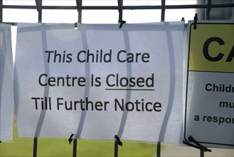 Signage shows that a preschool playground is closed for the Covid 19 lockdown in New Zealand, March