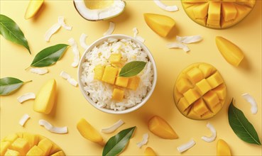 Thai coconut sticky rice with mango on a light yellow background AI generated