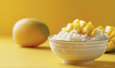 Thai coconut sticky rice with mango on a light yellow background AI generated