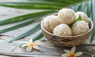 Thai coconut rice dumplings on a light wooden background AI generated