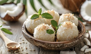 Thai coconut rice dumplings on a light wooden background AI generated