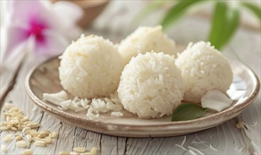 Thai coconut rice dumplings on a light wooden background AI generated