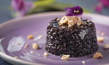 Thai black sticky rice pudding on a pastel purple plate AI generated