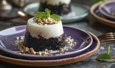 Thai black sticky rice pudding on a pastel purple plate AI generated