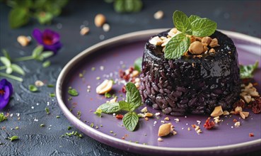 Thai black sticky rice pudding on a pastel purple plate AI generated