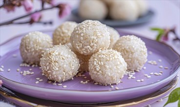 Sweet rice dumplings with sesame filling on a pastel purple plate AI generated