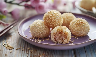 Sweet rice dumplings with sesame filling on a pastel purple plate AI generated