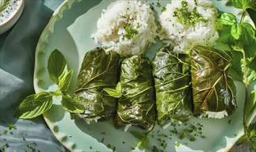 Stuffed grape leaves with rice and herbs on a pastel green plate AI generated