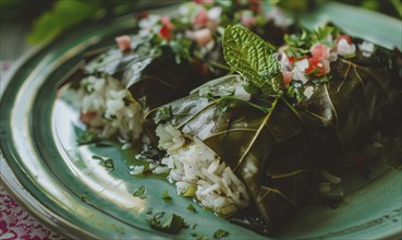 Stuffed grape leaves with rice and herbs on a pastel green plate AI generated