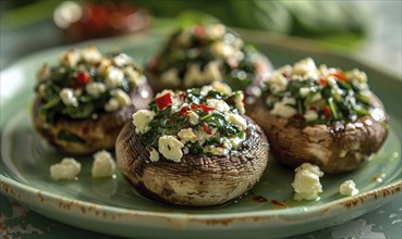 Spinach and feta stuffed mushrooms on a pastel green plate AI generated