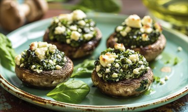 Spinach and feta stuffed mushrooms on a pastel green plate AI generated