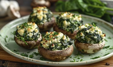 Spinach and feta stuffed mushrooms on a pastel green plate AI generated