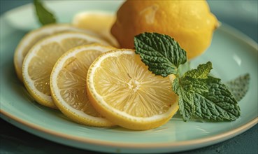 Sliced lemons with mint and lemon leaves on a pastel green plate AI generated