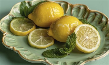 Sliced lemons with mint and lemon leaves on a pastel green plate AI generated