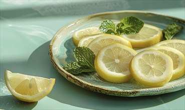 Sliced lemons with mint and lemon leaves on a pastel green plate AI generated