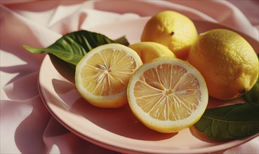 Sliced lemons with lemon leaves on a pastel pink plate AI generated