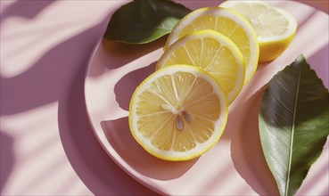 Sliced lemons with lemon leaves on a pastel pink plate AI generated