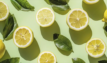 Sliced lemons with leaves on a light green background AI generated