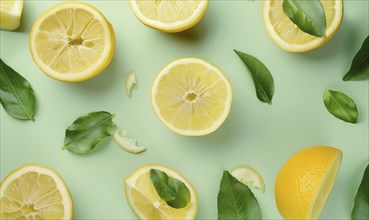 Sliced lemons with leaves on a light green background AI generated